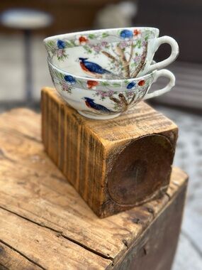 Vintage Asian Floral Bird Teacups Pair Porcelain Cottage Chinoiserie
